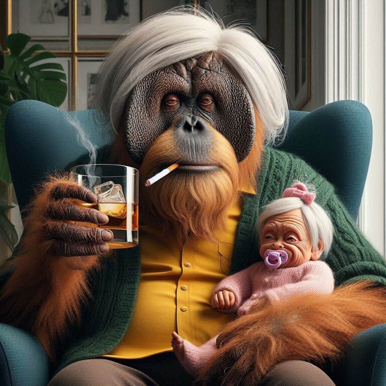 Old Orangutan and Tiny Old Lady in Chair