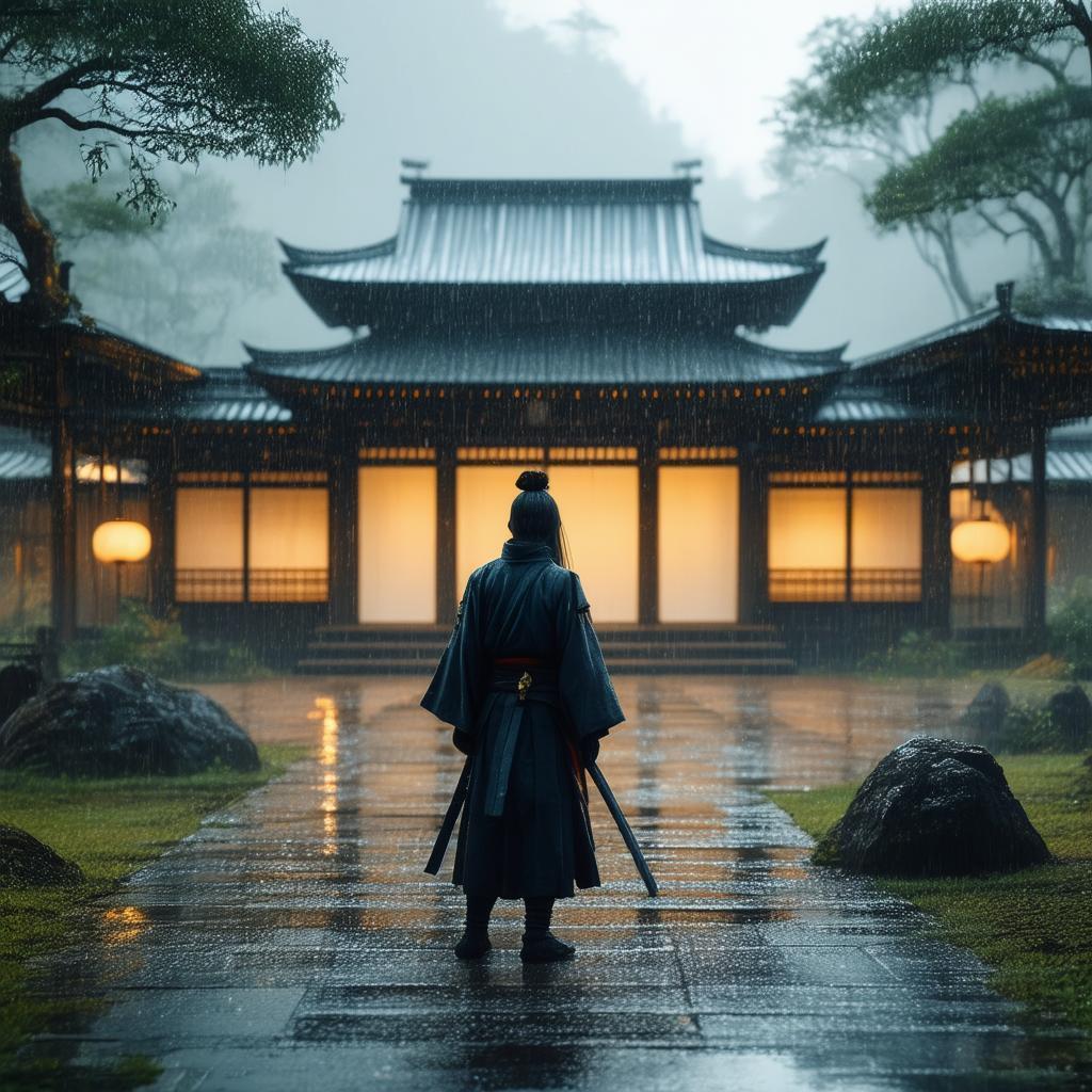 Serene Ninja Before a Temple in Rain