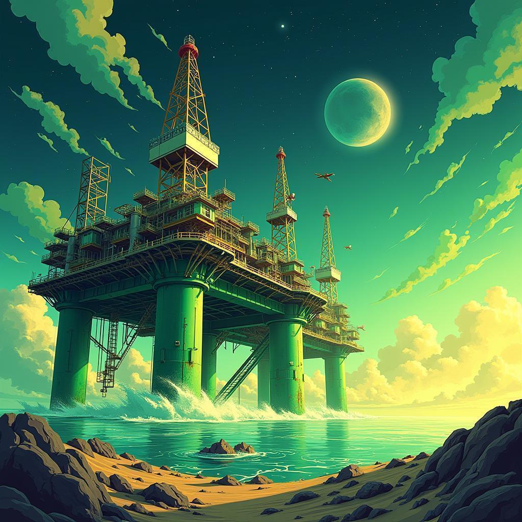 Comic Oil Rig Blasting Through the Stars