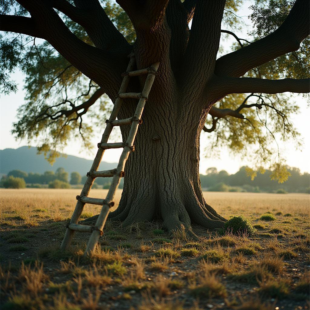 Bamboo Ladder Against an Ancient Oak