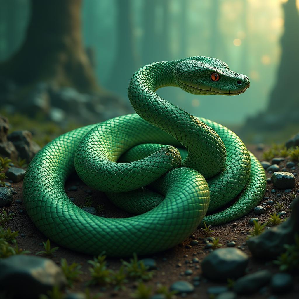 Iridescent Green Snake Coiled in Otherworld