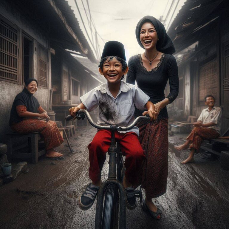 Indonesian Village Mother and Son Joyful Scene