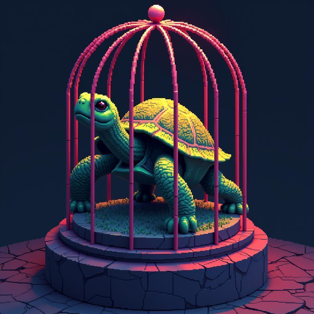 Pixel Moss Tortoise on a Caged Pedestal