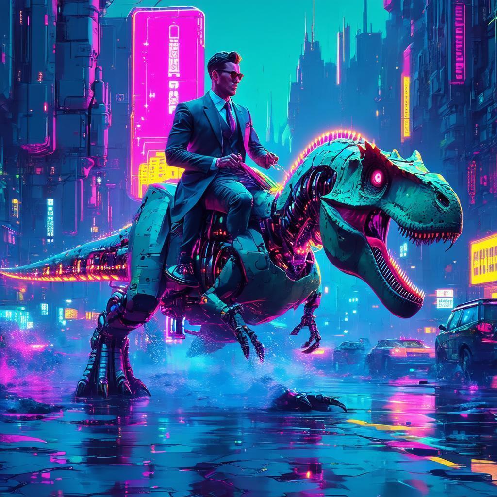 Businessman Riding a Neon Drenched Dinosaur