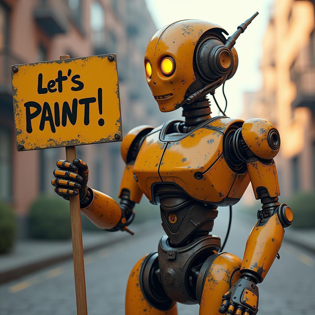 Golden Hour Robot With Painting Sign