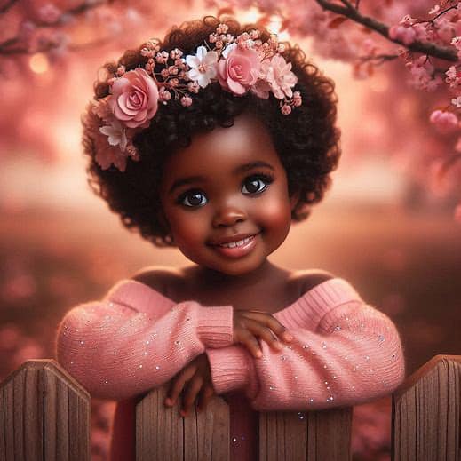 Smiling African Girl Cherry Blossoms Scene