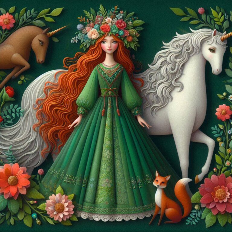 Whimsical Redhead Woman Unicorn Folk Art