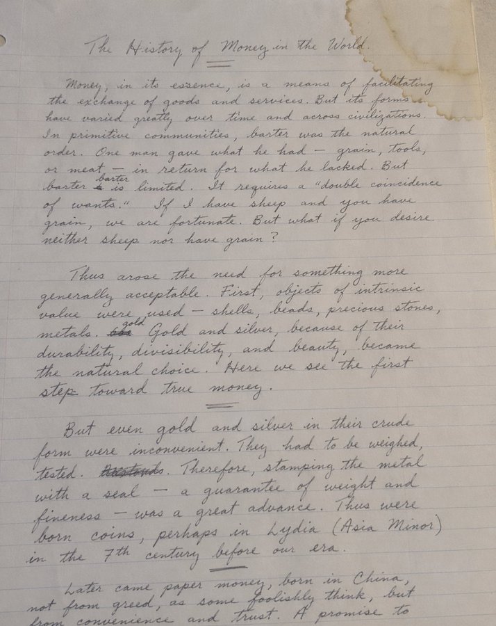 Einstein Handwritten Essay on Money