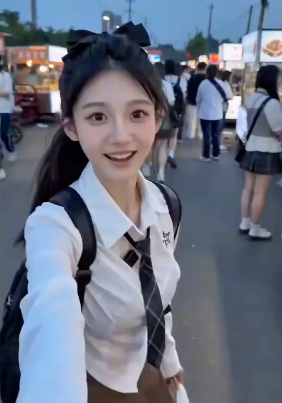 18-Year-Old Girl in White School Uniform at Night Market, POV Snack Interaction