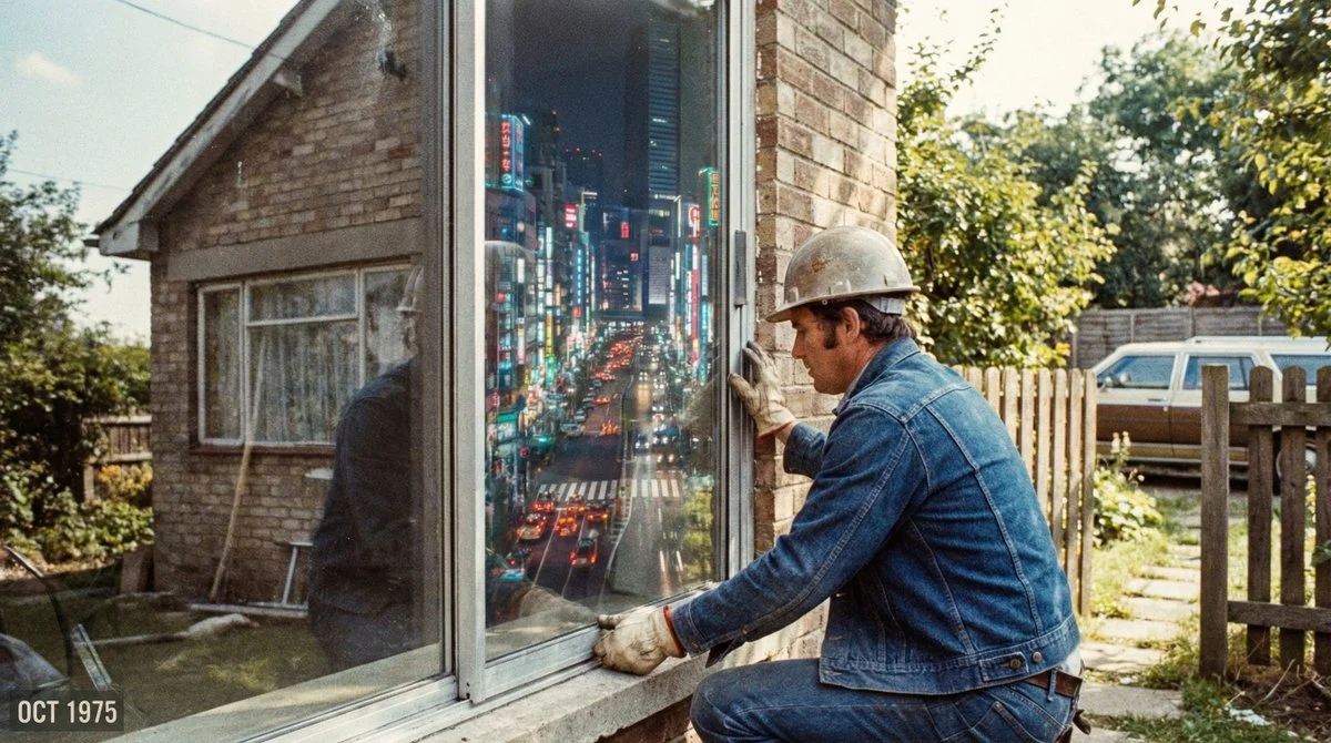 1975 Grainy 35mm Film Photo: Construction Worker Installing Glass Window with Nighttime Tokyo Metropolis Refle