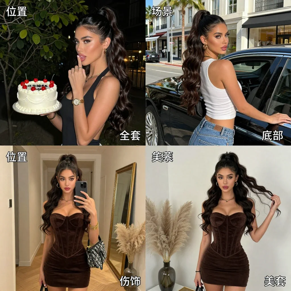 2x2 grid collage featuring four distinct photographs of the same female subject.