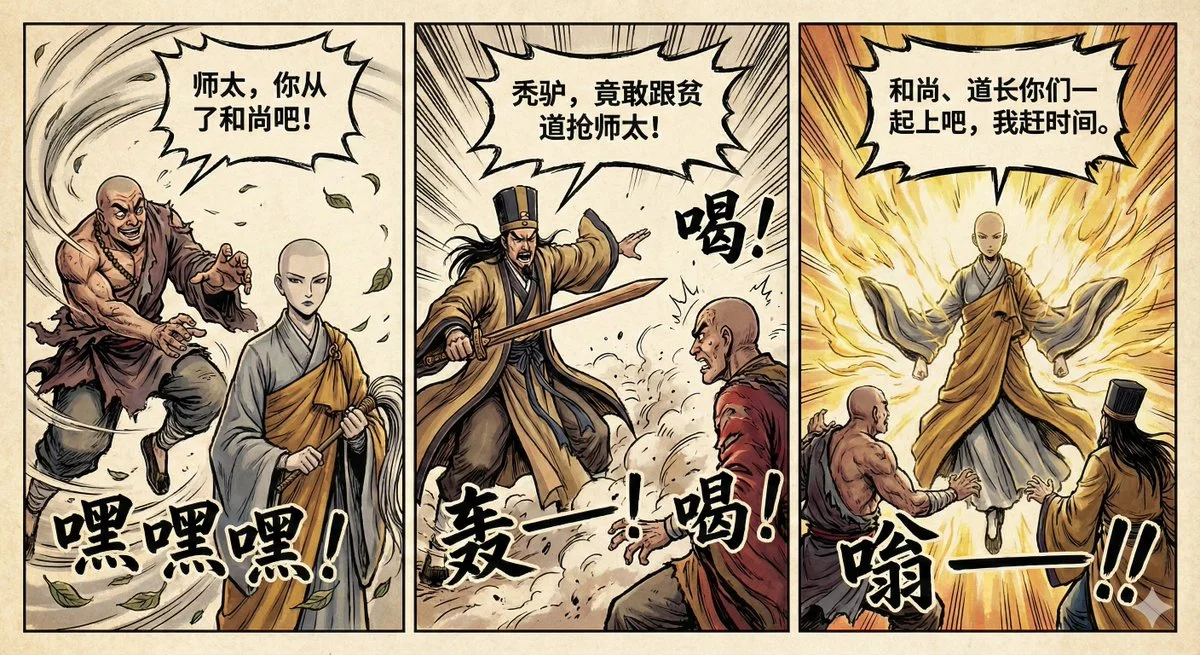 3-Panel Hong Kong Martial Arts Comic, The Nun Faces a Dilemma