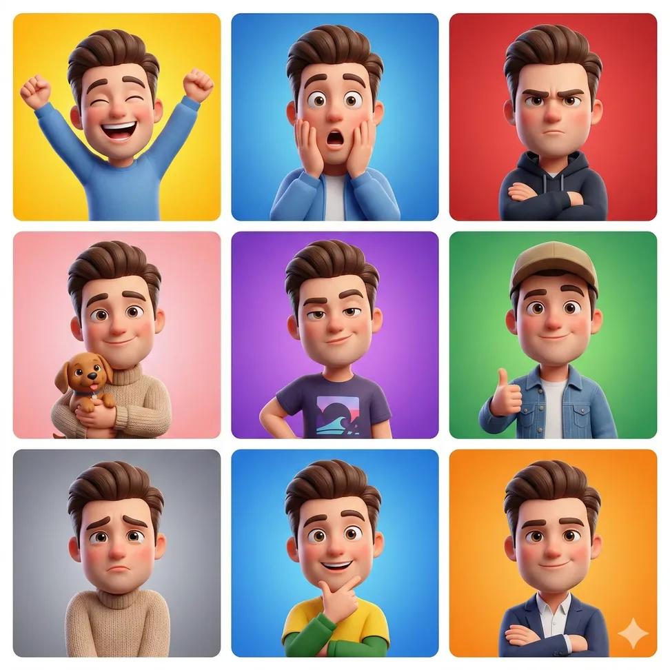 3D Cartoon Avatar Emotions Grid