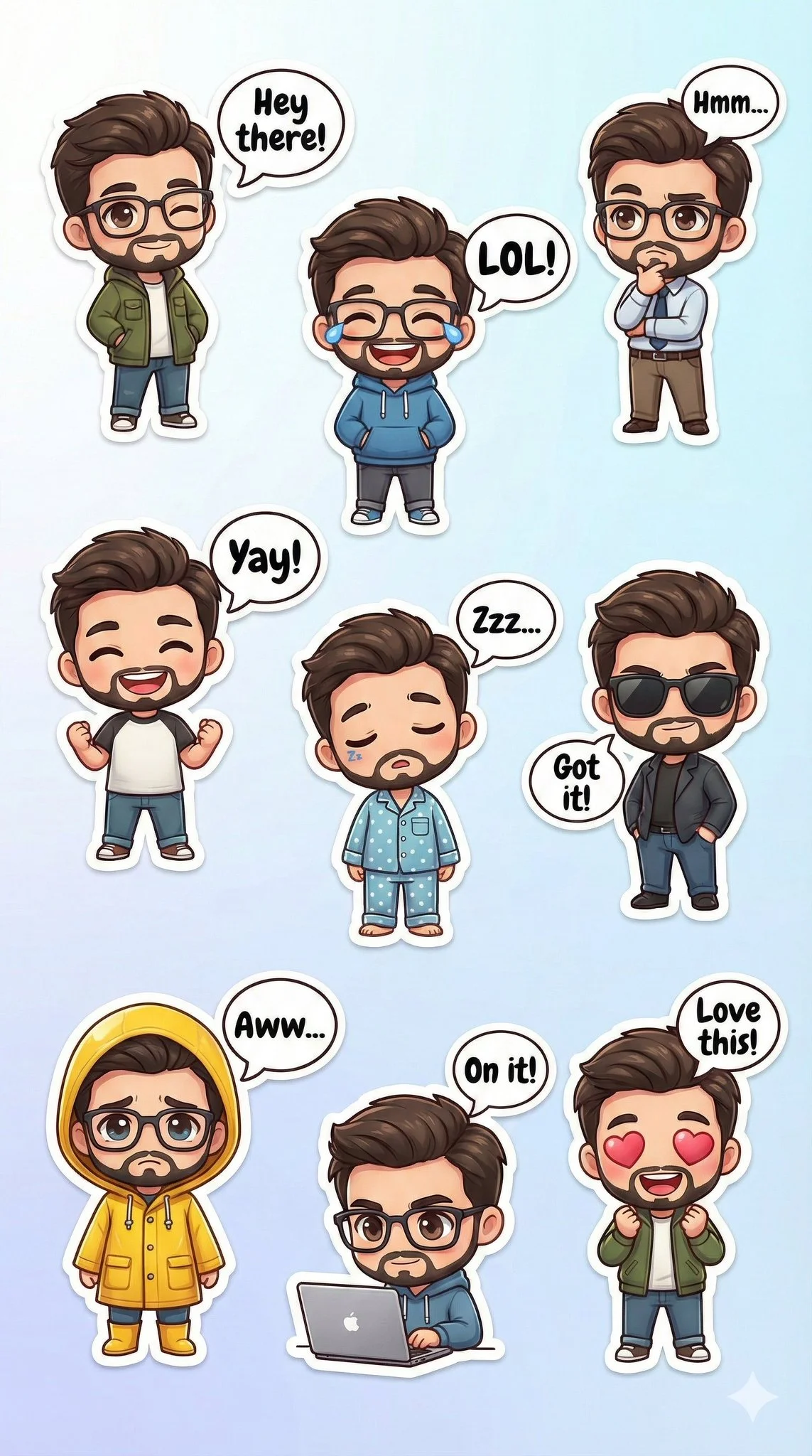 3D kawaii 9:16 canvas with nine chibi-style stickers in various outfits, poses, and expressions