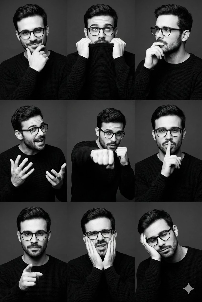 3x3 Grid Male Portrait Collage, Black and White Fashion Portrait Series
