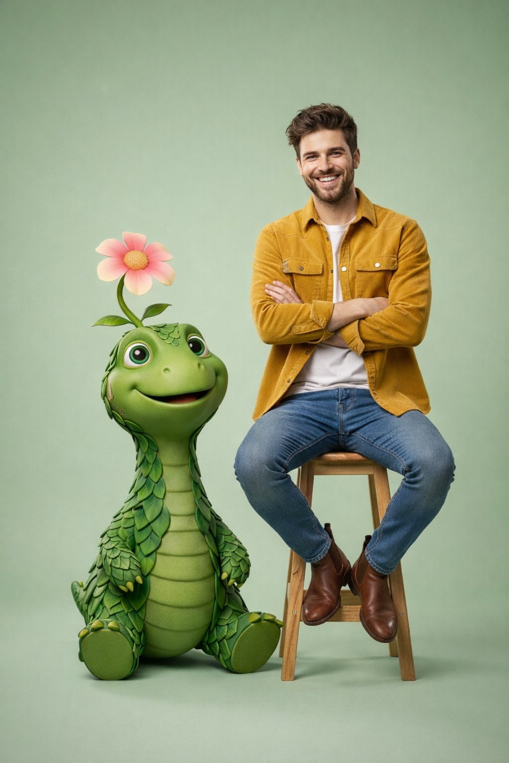 A casually dressed young man with a friendly green plant dinosaur cartoon creature
