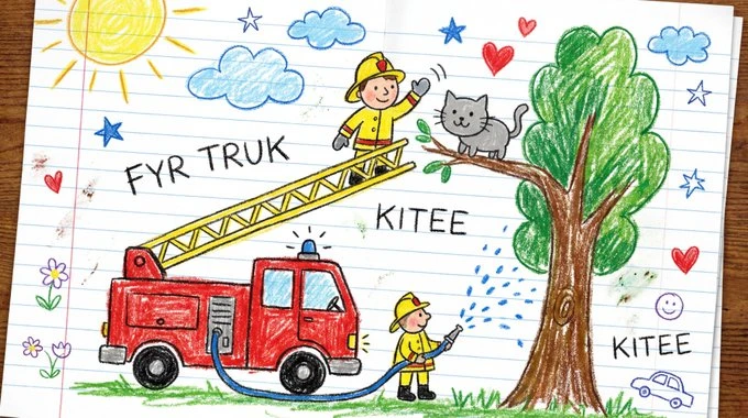 A cheerful 6-year-old's drawing on white notebook paper