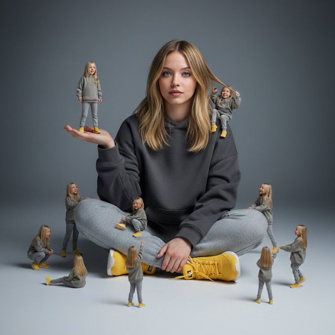 A Creative Surreal Image of a Woman with Miniature Versions of Herself