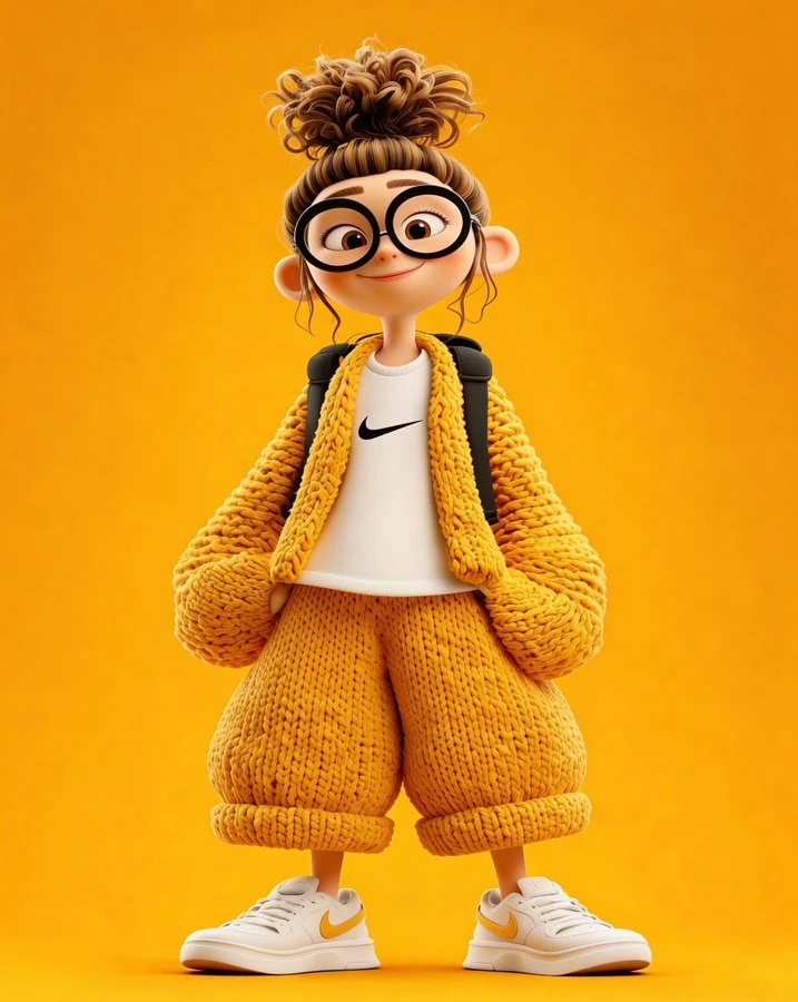 A cute 3D cartoon character of a young girl standing confidently, front view