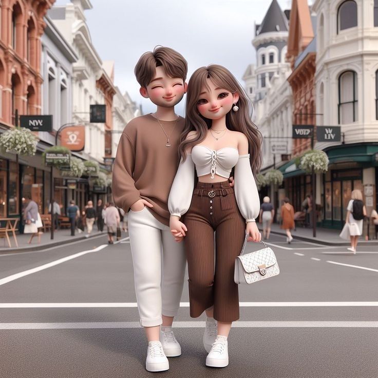 A cute 3D stylized couple walking hand in hand down a European-style city street