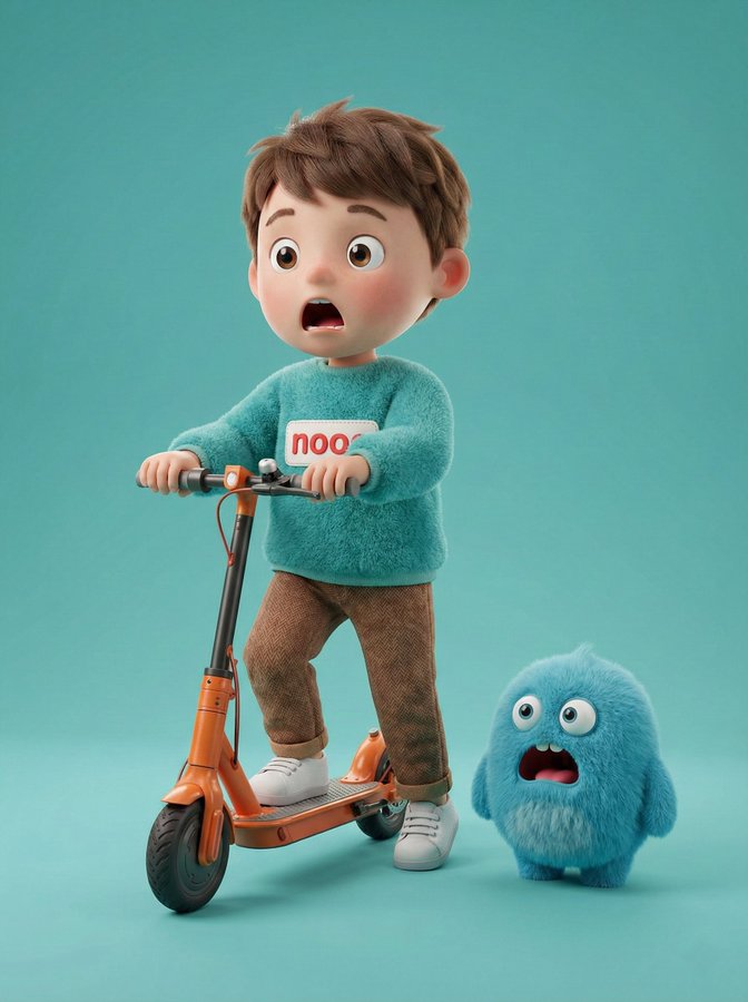 A cute young boy riding an orange electric scooter next to a small furry blue monster