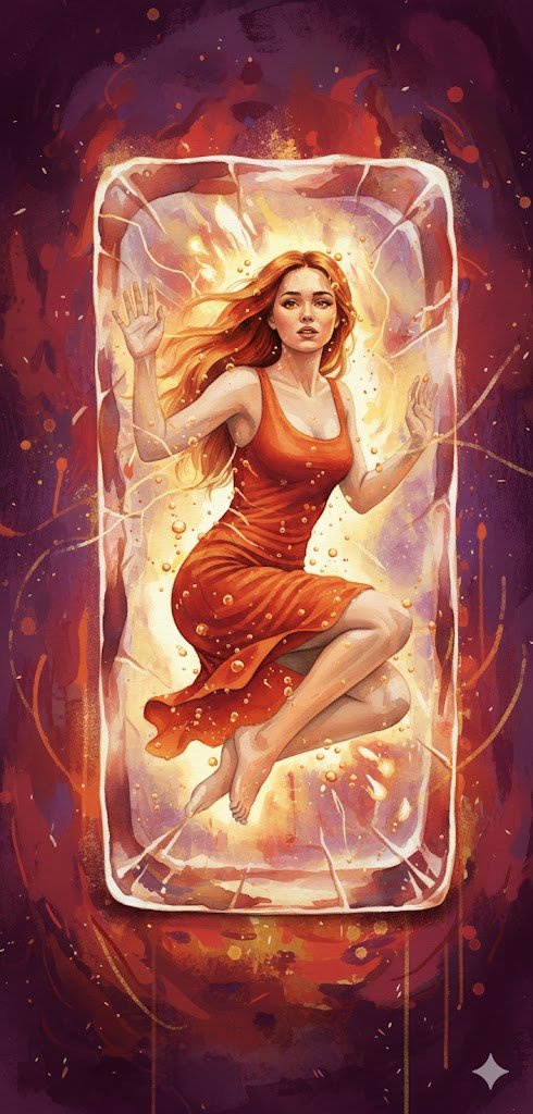 A hyper-detailed surreal watercolor-style digital painting of a young woman trapped in ice