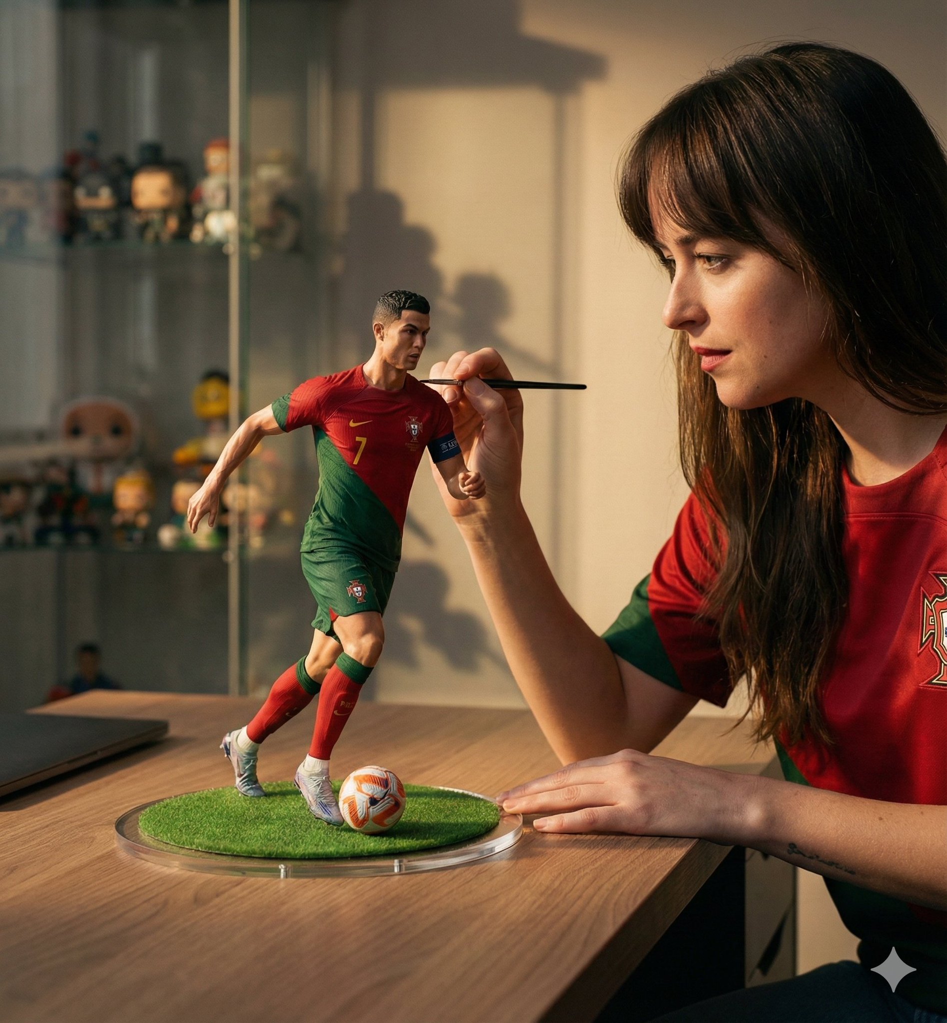 A hyper-realistic cinematic scene of a woman carefully painting a miniature football figurine of Cristiano Ron