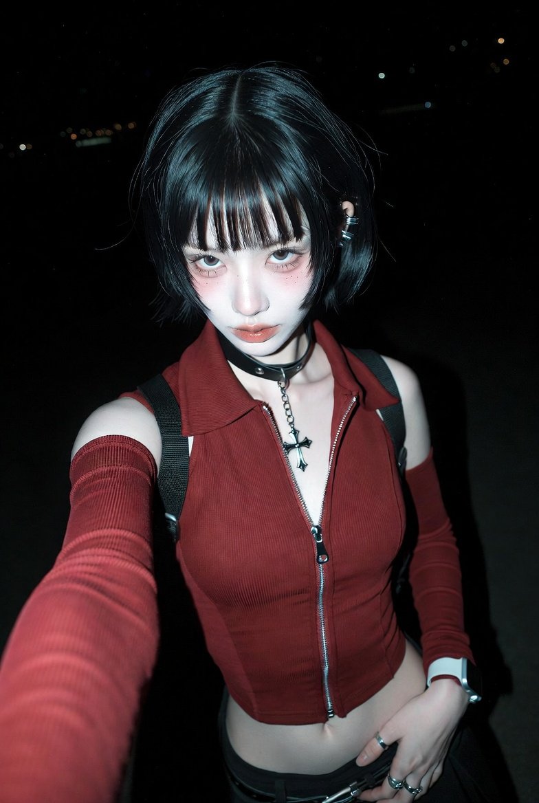 A Photorealistic Closeup Selfie of a Young Asian Woman with Cool, Edgy Aesthetic