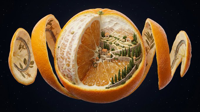 A single [OBJECT] suspended in space, frozen mid-peel as its outer skin curls away in ribbons.