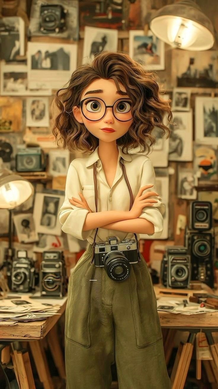 A stylized 3D animated female photographer character, Pixar–Disney style, soft cinematic lighting.