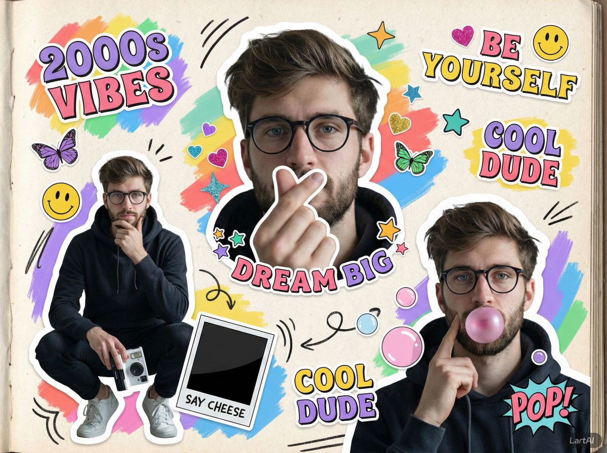 A vibrant 2000s scrapbook-style collage featuring multiple cutout poses of a young man