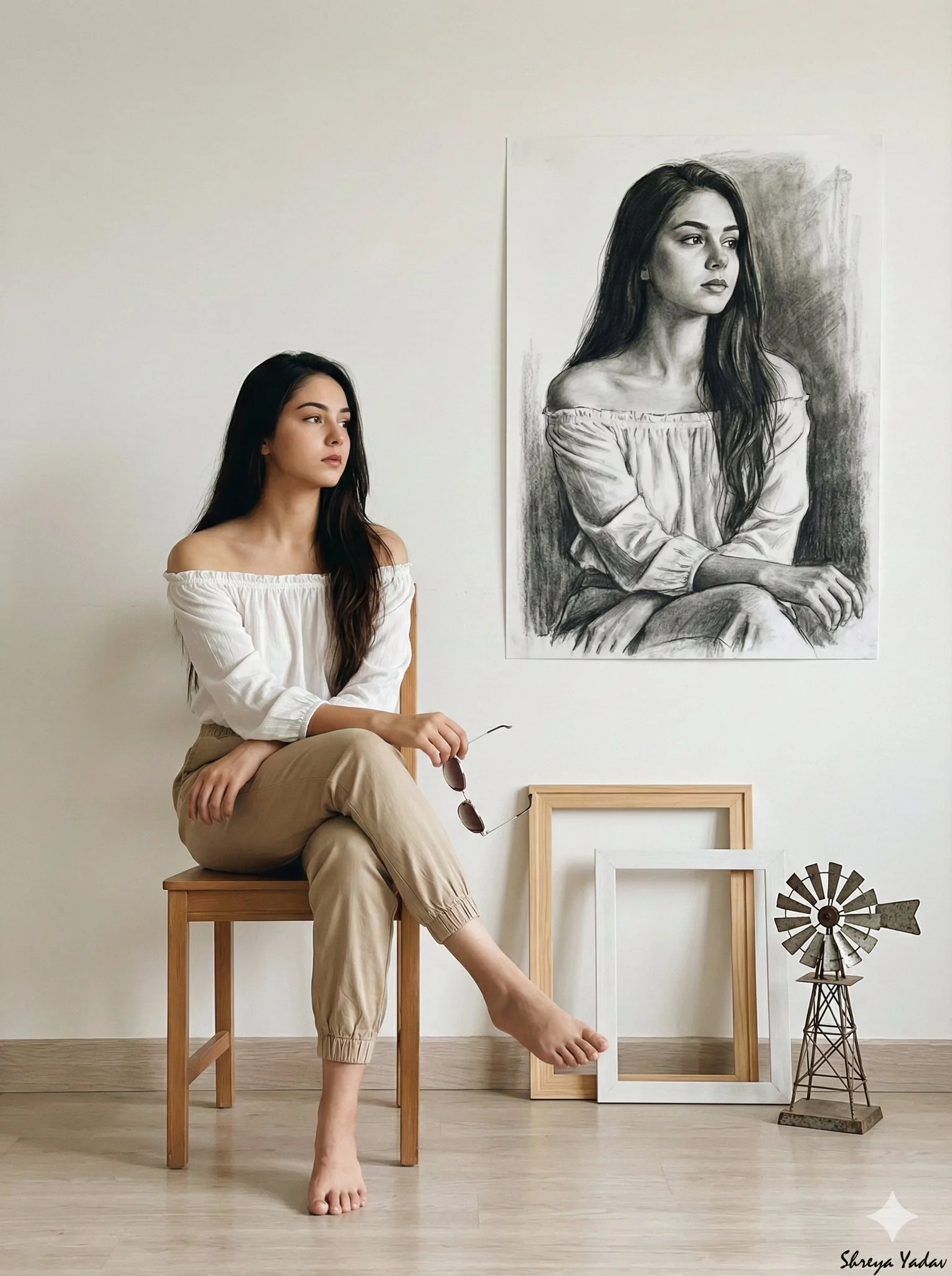 A Woman with Long Dark Hair Sitting in a Wooden Chair, Gazing at Her Own Portrait