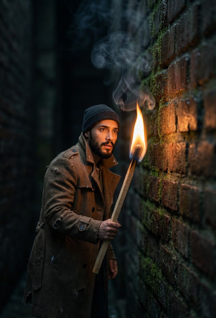 A young man inspecting a wall in a narrow alley with a torch