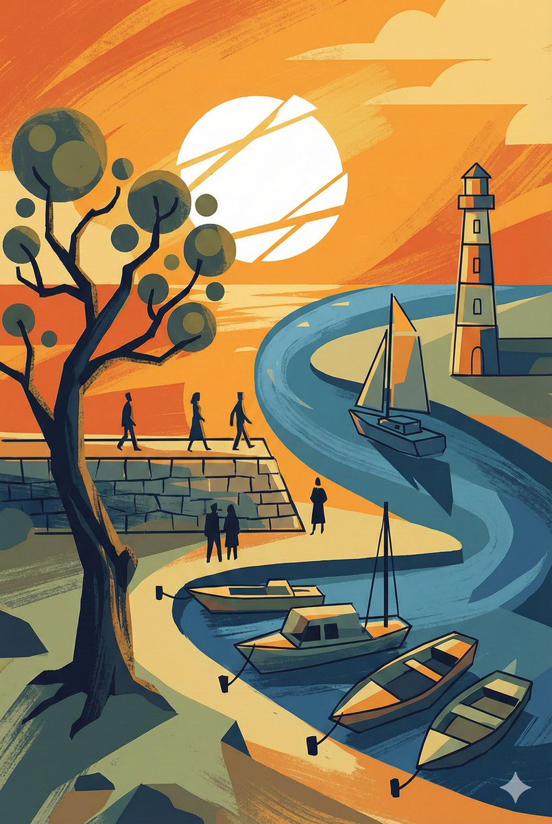 Abstract Lighthouse and Sailboat on River