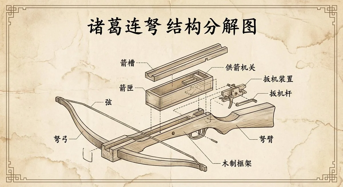 Ancient Style Engineering Explosion Diagram of Zhuge Liang's Crossbow