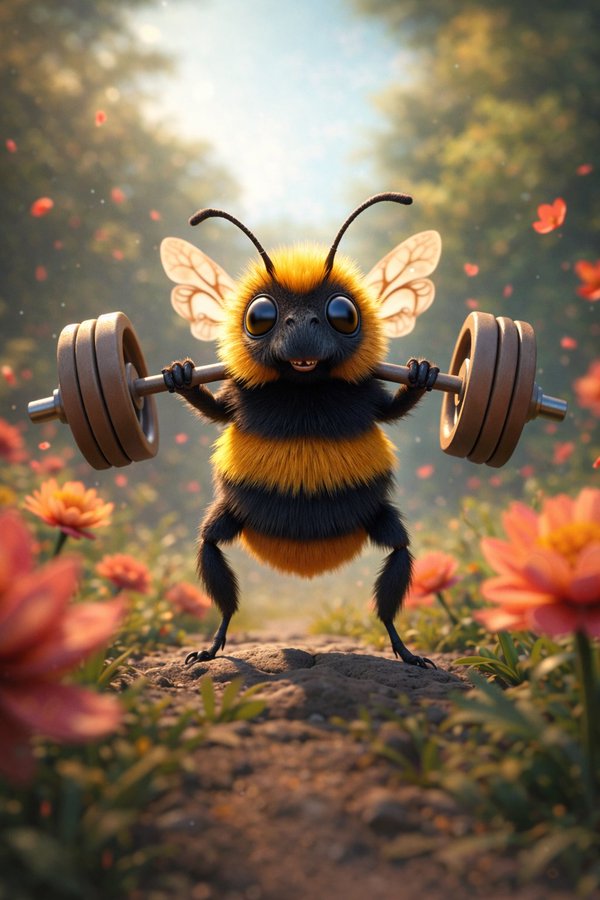 Anthropomorphic Bee Lifting Weights and Relaxing Scene
