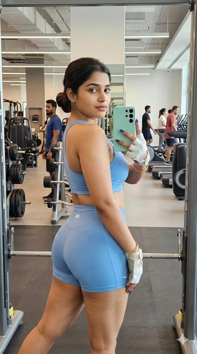 Attractive woman in modern gym mirror selfie
