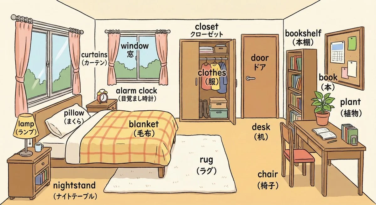 Bedroom Illustration with English and Japanese Labels