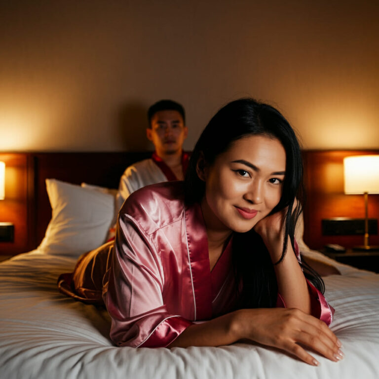 Couple lying on bed in dim bedroom