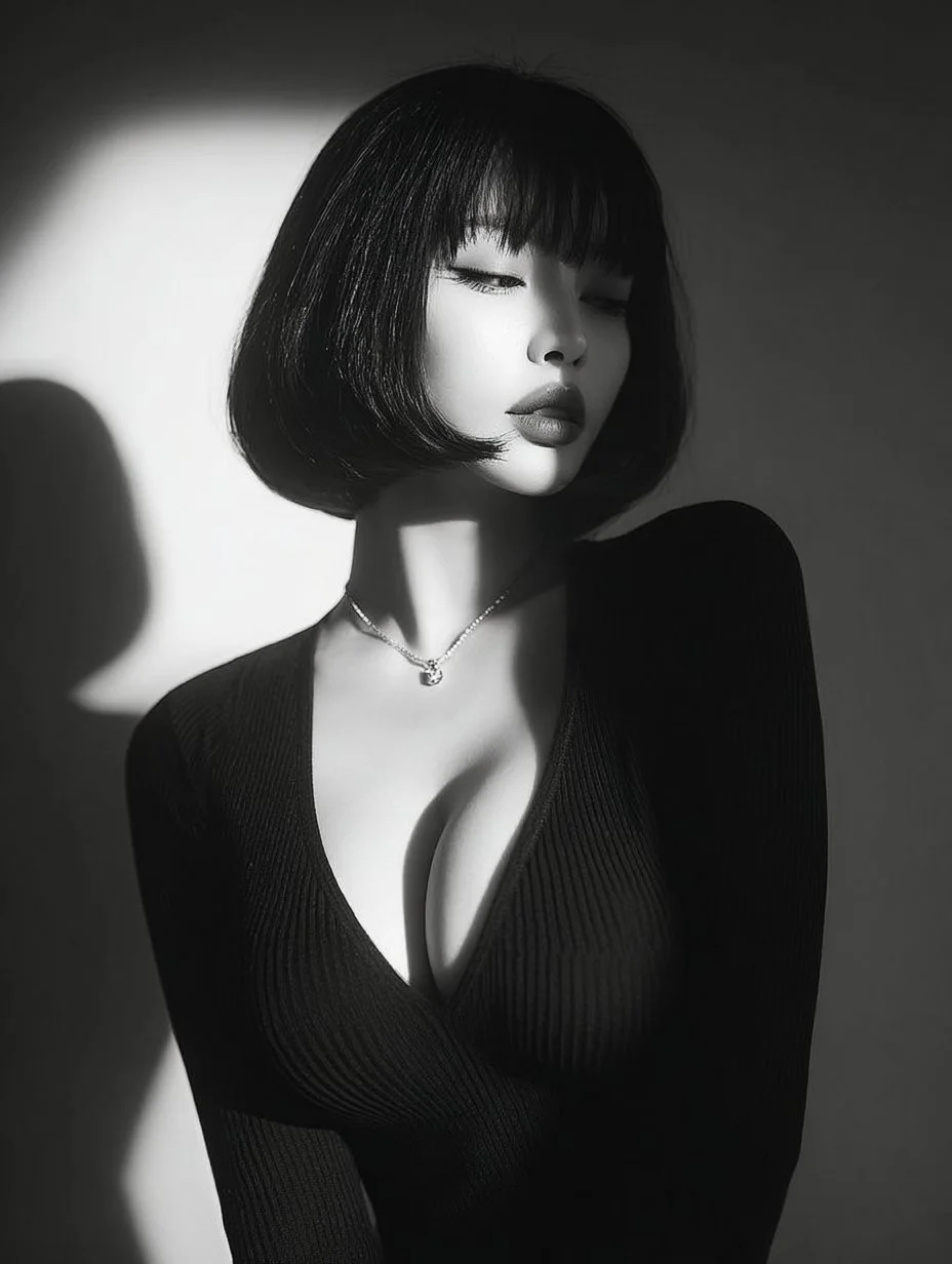 Captivating Black and White Portrait of a Young Asian Woman, Serene Expression, Mysterious Atmosphere