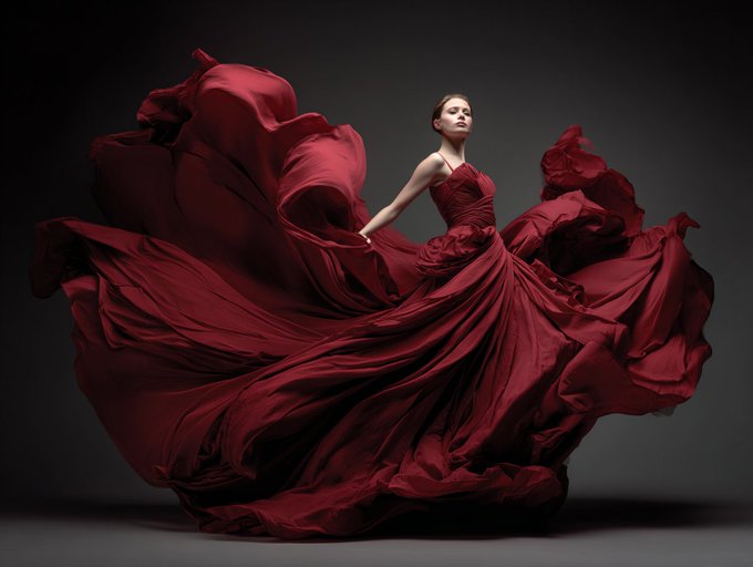 Capturing mid-movement garment with flowing fabric, frozen elegance, studio wind effect, dynamic draping revea
