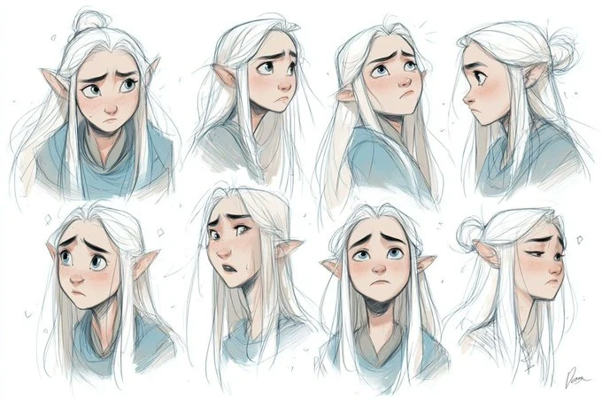 Character sheet sketch with multiple angles and expressive faces