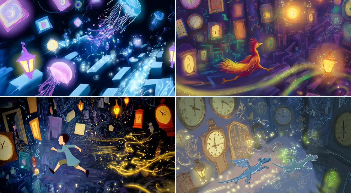 Chasing Dream Elements, Storybook Illustration, Maze of Floating Doors, Clocks, and Whispers, Lantern Glow and