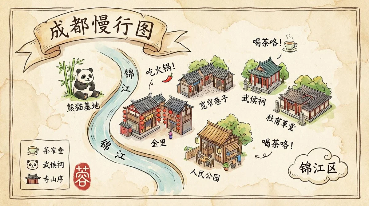 Chengdu Hand-Drawn Travel Map in 16:9 Ratio with Ghibli Style