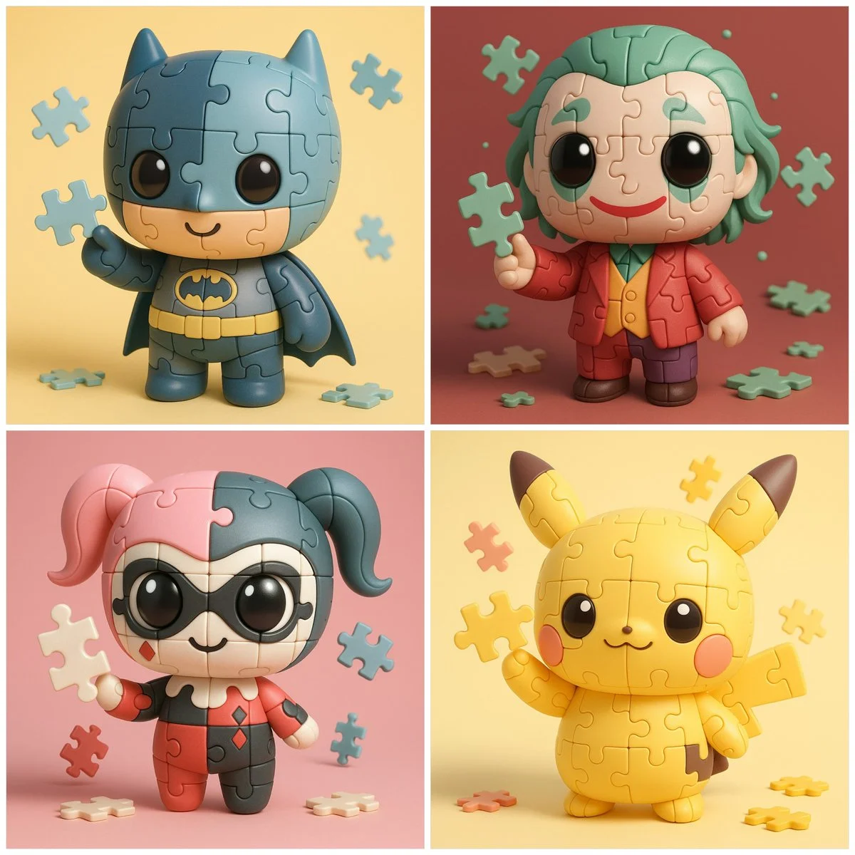Chibi-style [CHARACTER NAME] reimagined as a Puzzle Toy character, ultra-cute proportions with oversized head 