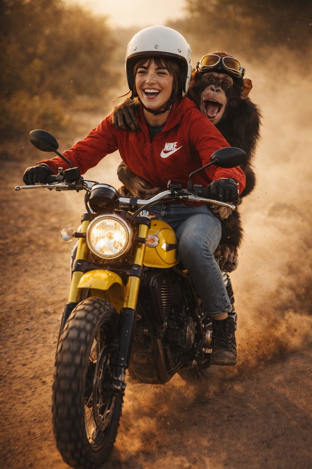 Cinematic Action Photo of a Joyful Woman Riding a Yellow Motorcycle with a Chimpanzee Companion