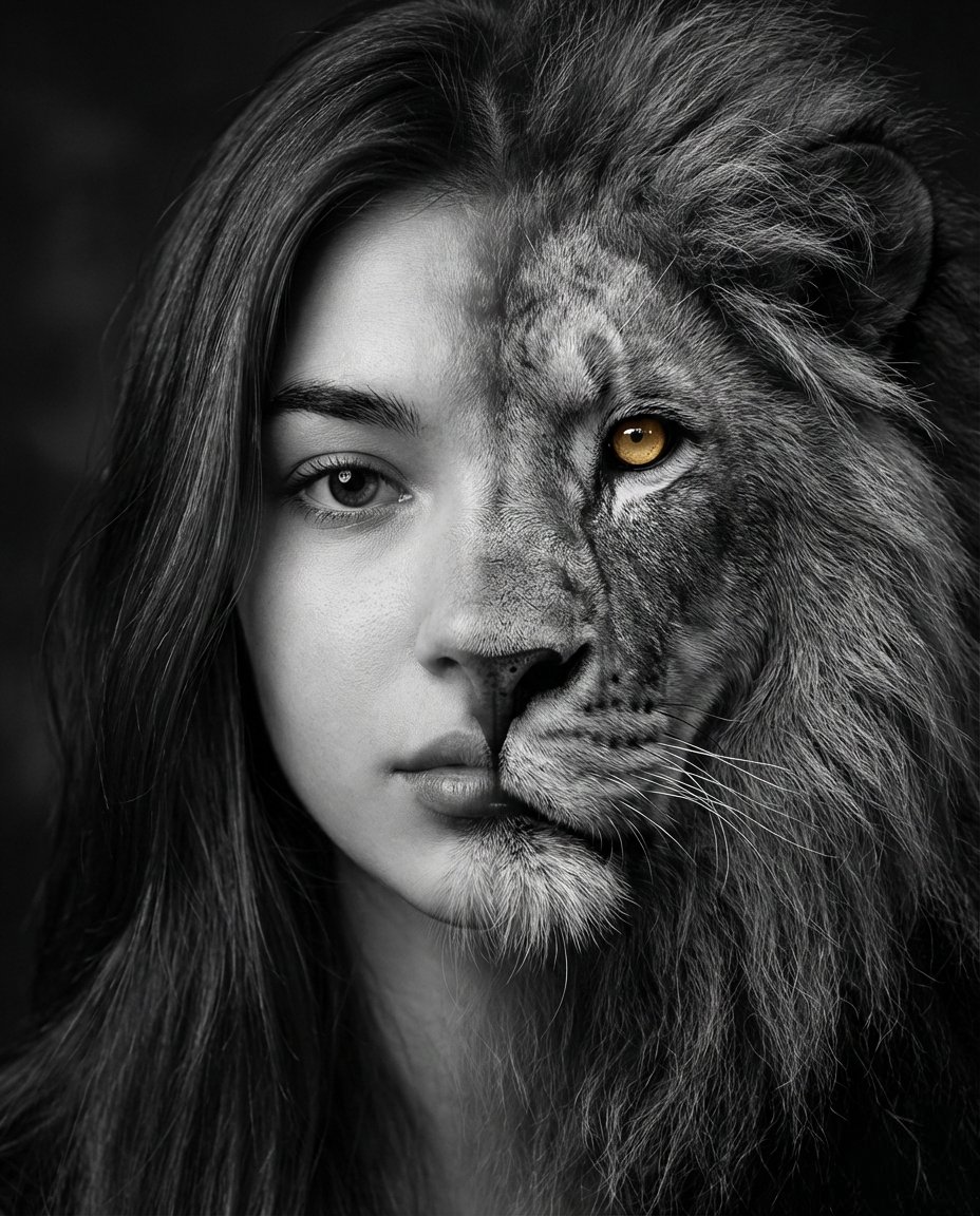 Cinematic Human-Lion Fusion Portrait: Ultra-Realistic Black and White