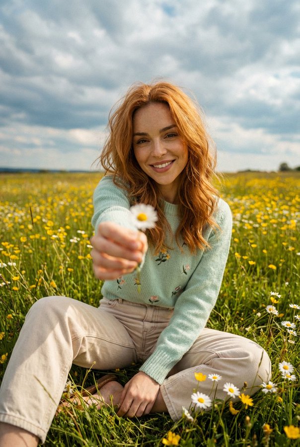 Cinematic Meadow Portrait with Wildflowers
