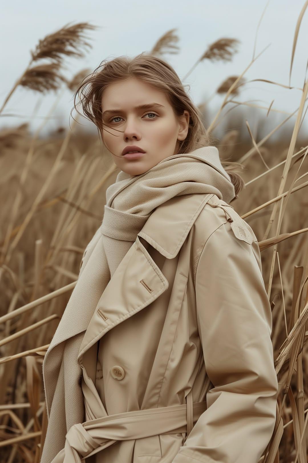 Cinematic Outdoor Fashion Portrait of a Young Woman in Dry Reeds