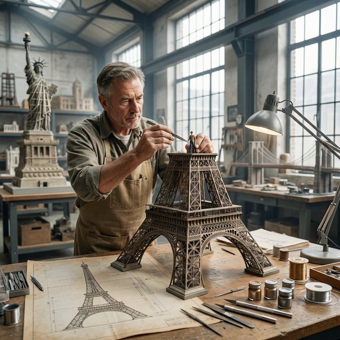 Cinematic Portrait of Master Model Maker on Eiffel Tower